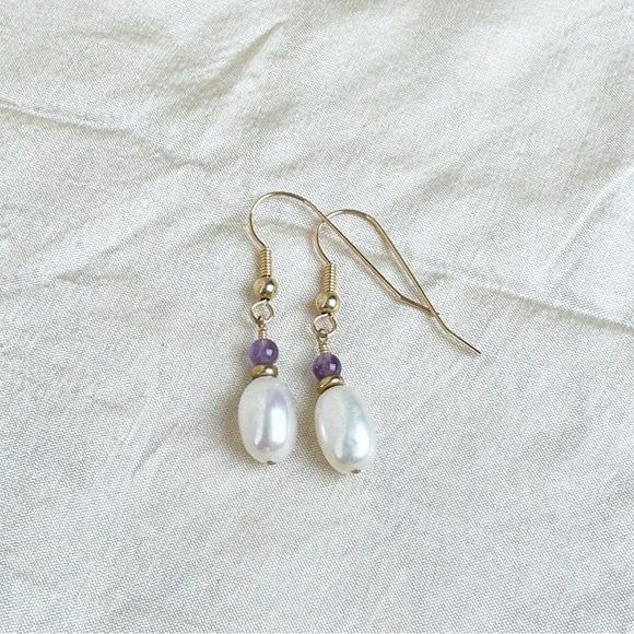 Jimetta Jewelry - Pearl Amethyst Pierced Dangle Earrings Gold Filled Hooks